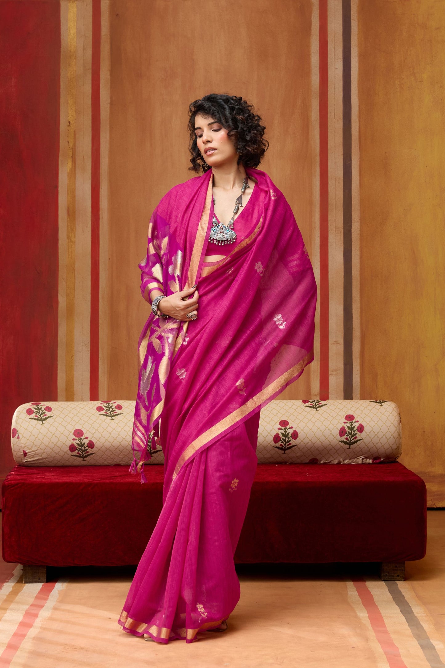 Rani Pink Silk Blend Saree with Gold Zari Border Floral Woven Pallu