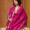 Rani Pink Silk Blend Saree with Gold Zari Border Floral Woven Pallu