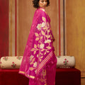 Rani Pink Silk Blend Saree with Gold Zari Border Floral Woven Pallu