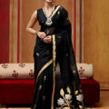 Classic Black Silk Blend Saree with Gold Zari Border Floral Woven Pallu