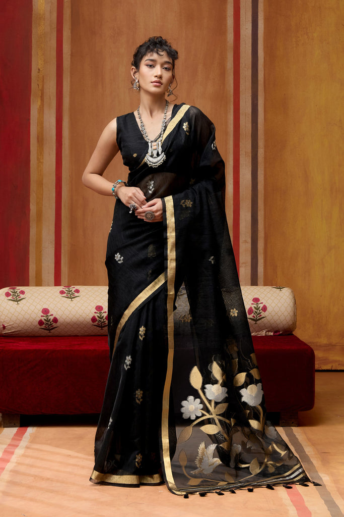 Classic Black Silk Blend Saree with Gold Zari Border Floral Woven Pallu