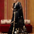Classic Black Silk Blend Saree with Gold Zari Border Floral Woven Pallu