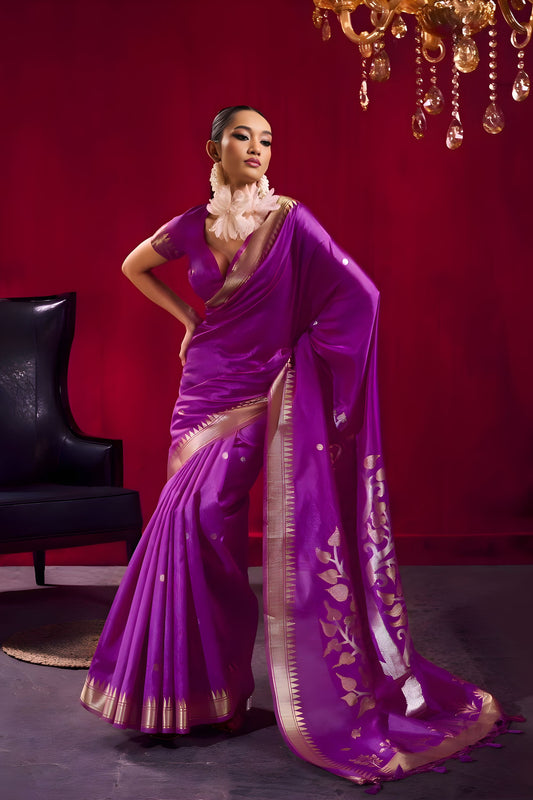 Royal Purple Silk Saree Designer Saree with Gold Zari Border