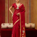 Elegant Red Silk Blend Saree with Gold Zari Border Floral Woven Pallu