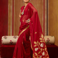 Elegant Red Silk Blend Saree with Gold Zari Border Floral Woven Pallu
