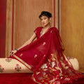 Elegant Red Silk Blend Saree with Gold Zari Border Floral Woven Pallu