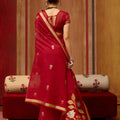 Elegant Red Silk Blend Saree with Gold Zari Border Floral Woven Pallu