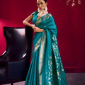 Teal Green Silk Saree Designer Saree with Silver Zari Border