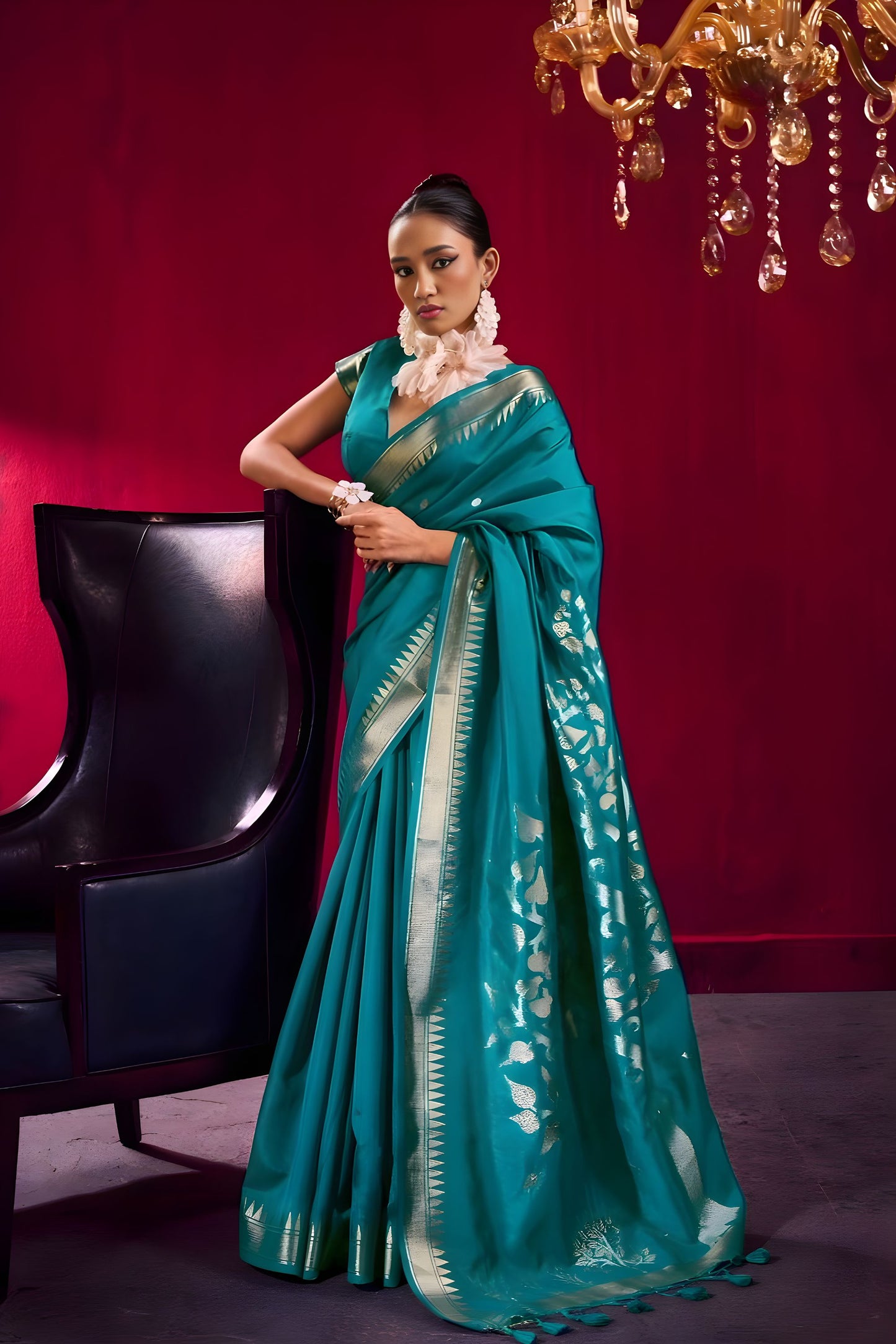 Teal Green Silk Saree Designer Saree with Silver Zari Border