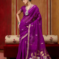 Royal Purple Silk Blend Saree with Gold Zari Border Floral Woven Pallu