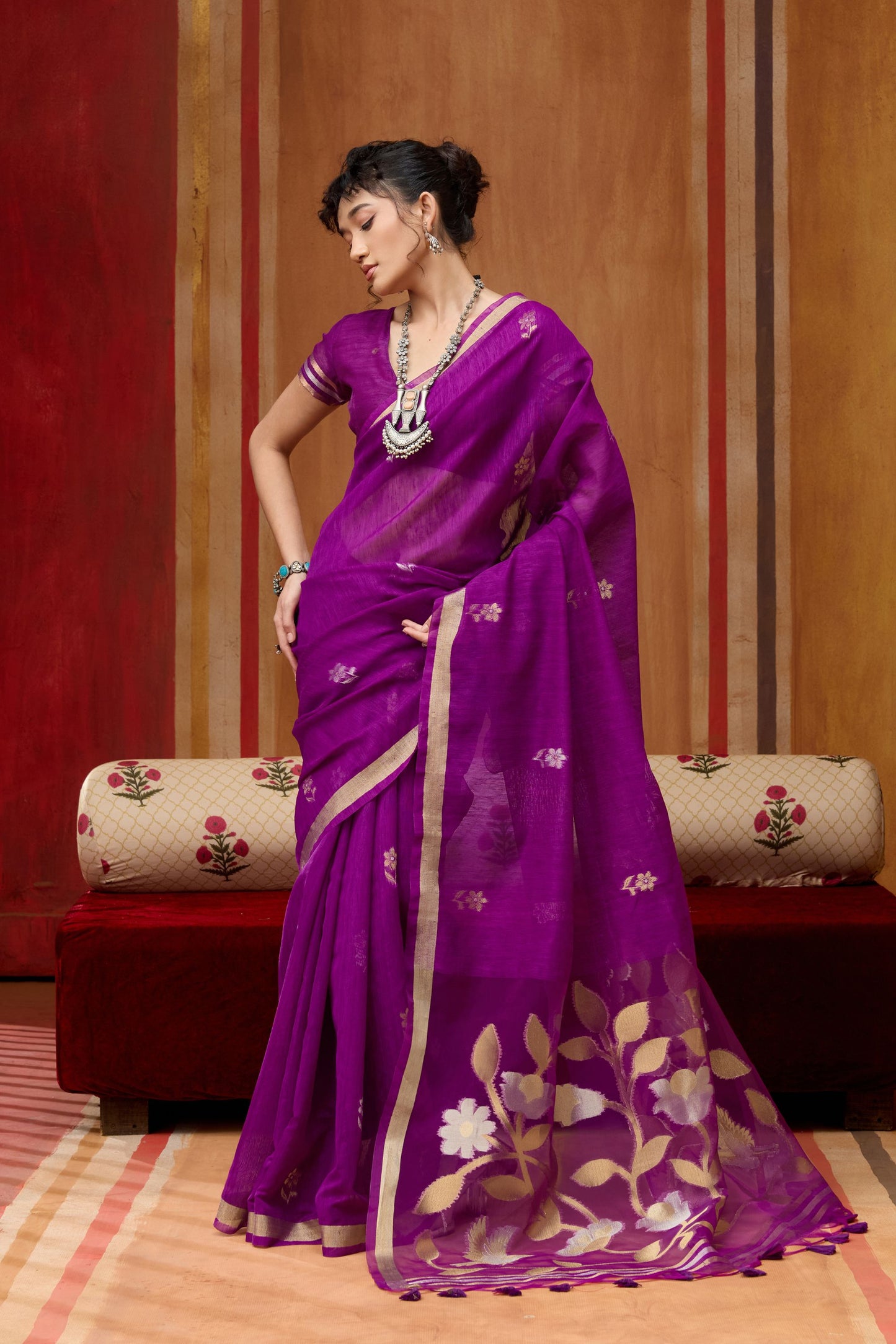 Royal Purple Silk Blend Saree with Gold Zari Border Floral Woven Pallu