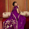 Royal Purple Silk Blend Saree with Gold Zari Border Floral Woven Pallu