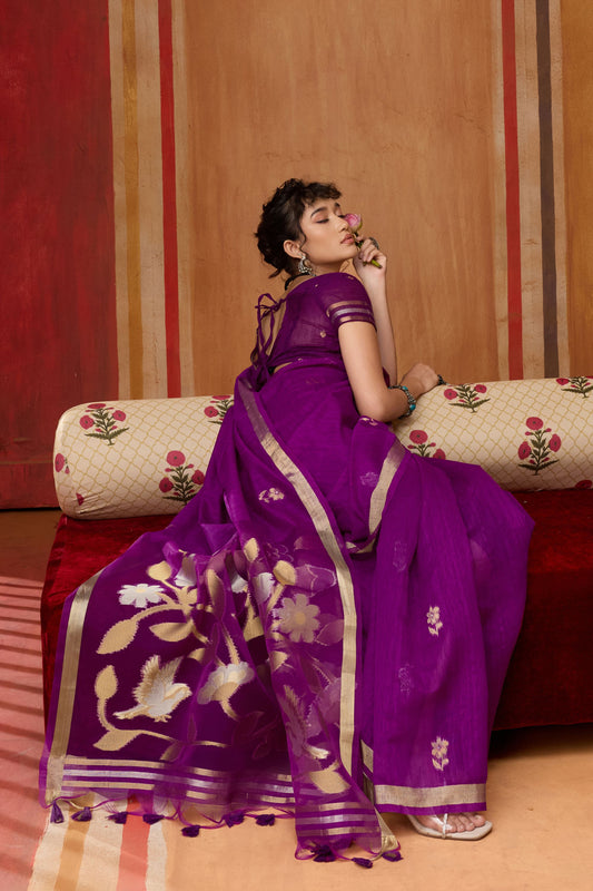 Royal Purple Silk Blend Saree with Gold Zari Border Floral Woven Pallu