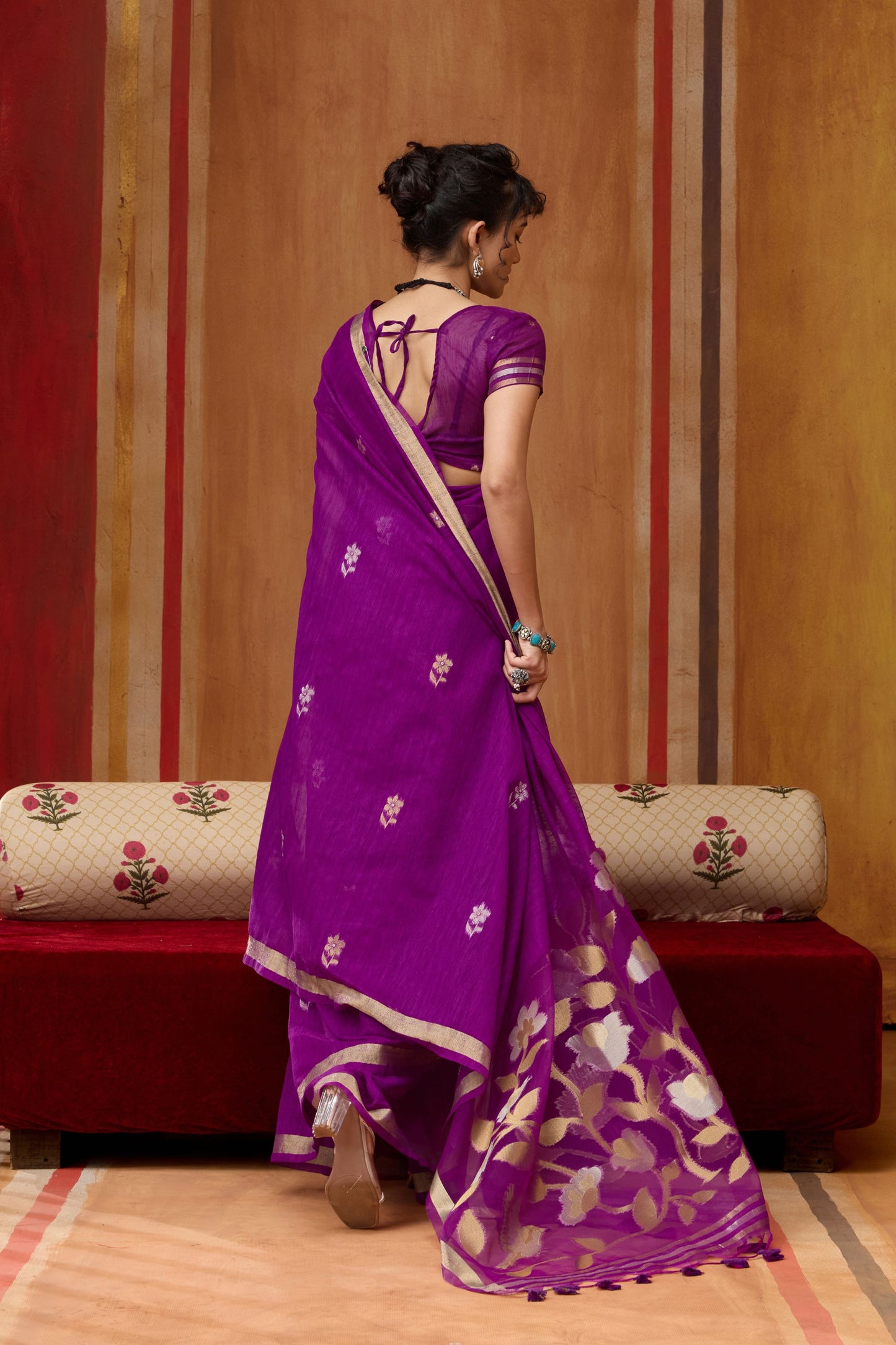 Royal Purple Silk Blend Saree with Gold Zari Border Floral Woven Pallu