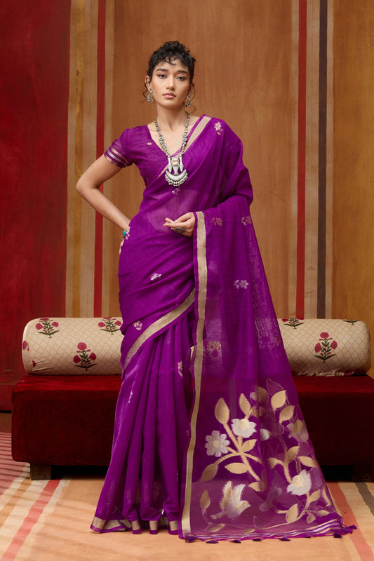 Royal Purple Silk Blend Saree with Gold Zari Border Floral Woven Pallu 