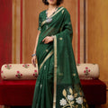 Green Silk Blend Saree with Gold Zari Border Floral Woven Pallu