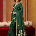 Green Silk Blend Saree with Gold Zari Border Floral Woven Pallu