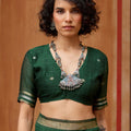 Green Silk Blend Saree with Gold Zari Border Floral Woven Pallu