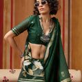 Green Silk Blend Saree with Gold Zari Border Floral Woven Pallu