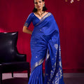 Royal Blue Silk Saree with Silver Zari Border Floral Pallu