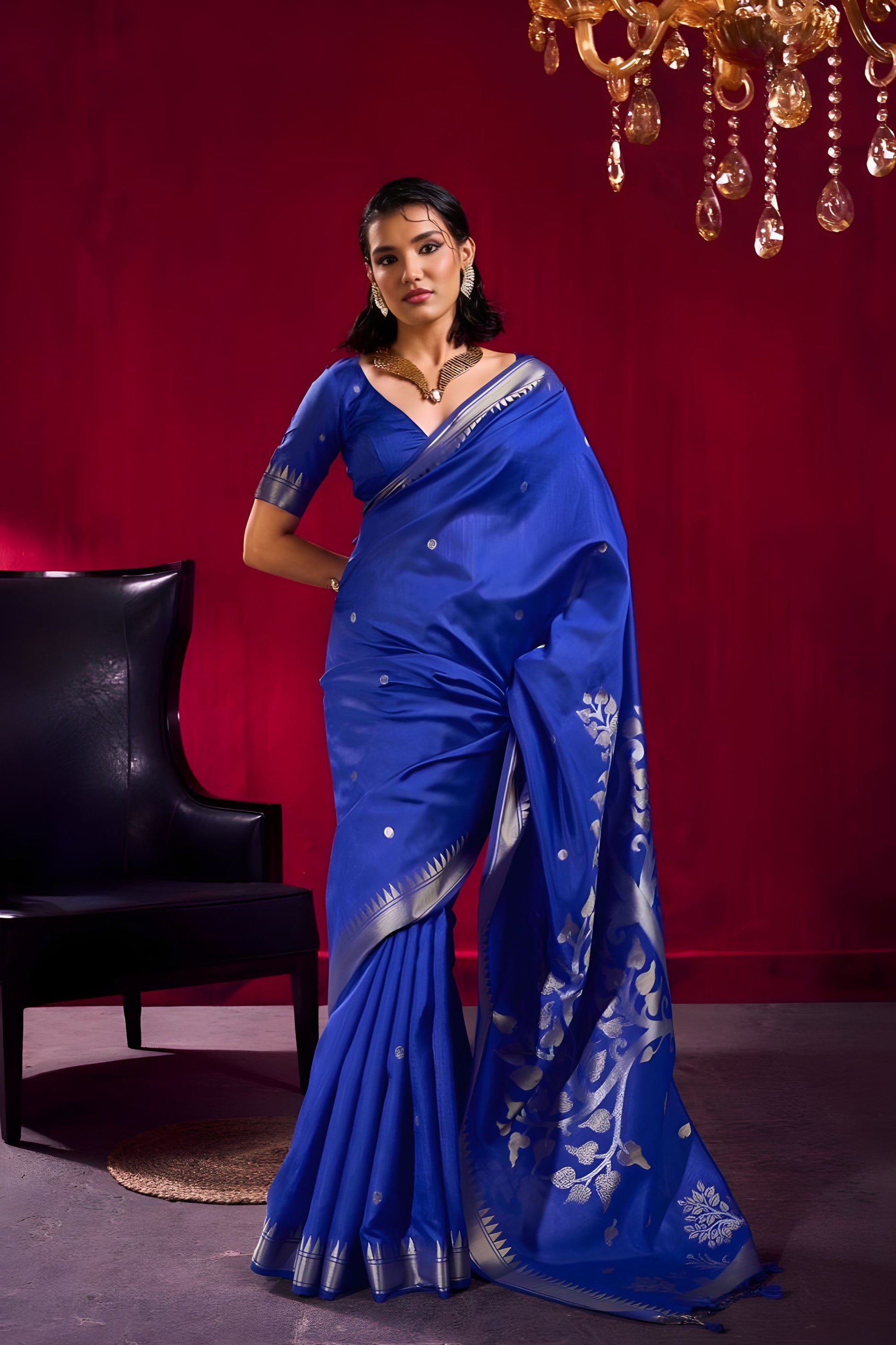 Royal Blue Silk Saree with Silver Zari Border Floral Pallu