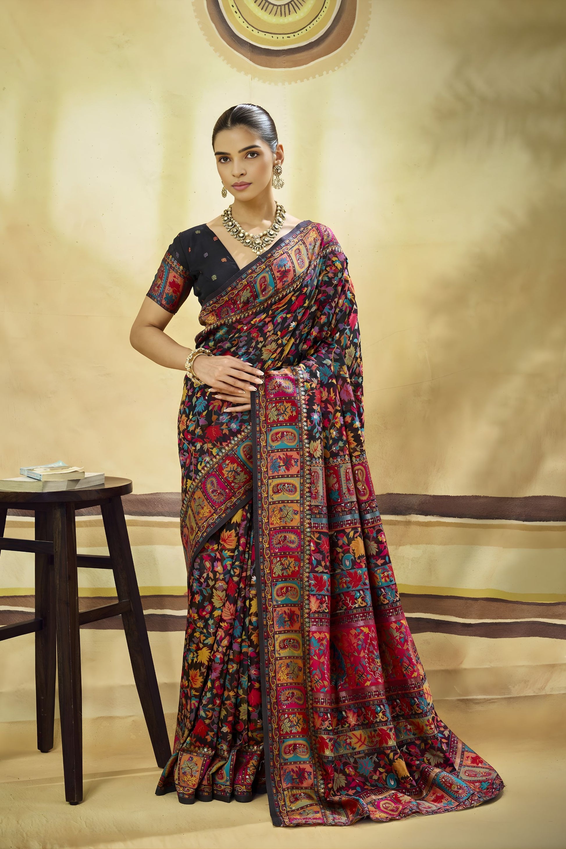 Elegant Black Kashmiri Silk Pashmina Weaving Saree for Women