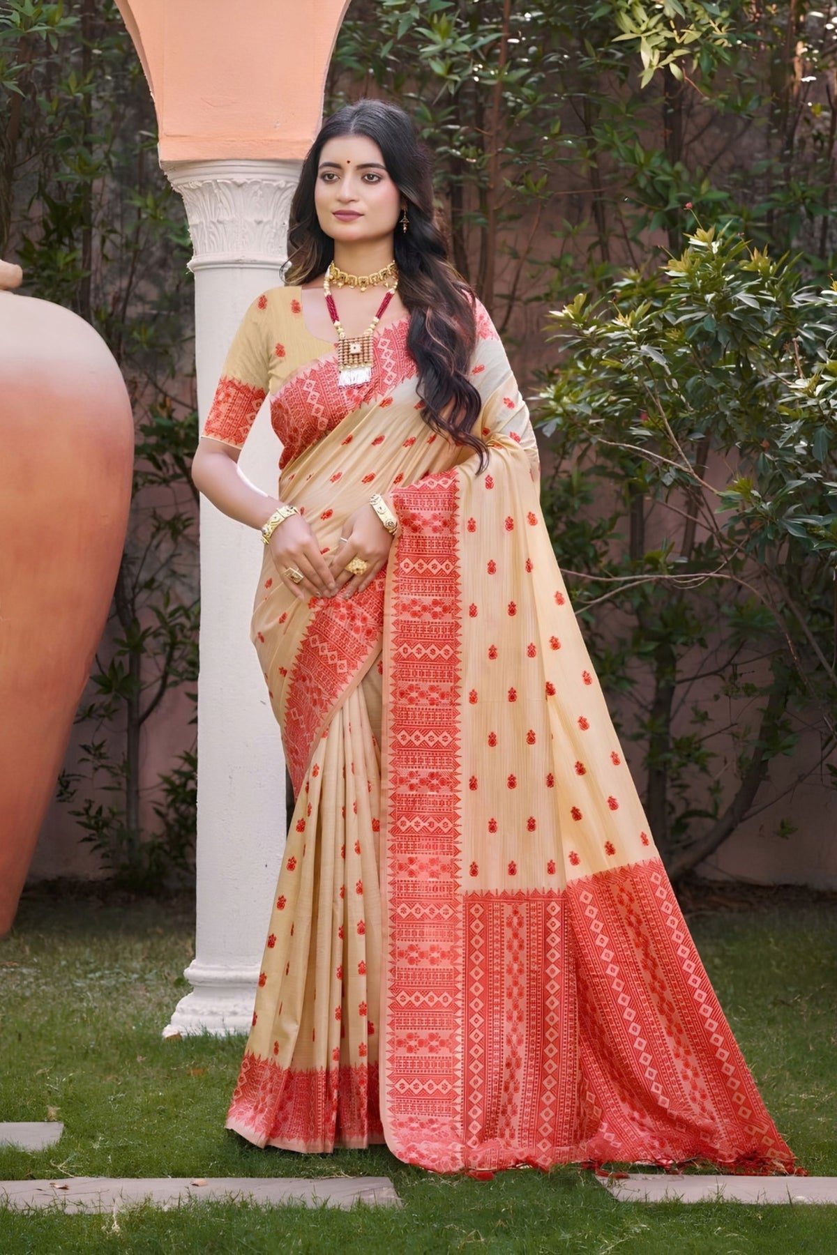 Elegant Beige Assam Silk Motif Print Work Saree for Women