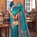 Stunning Teal Blue Silk Saree Zigzag Weaving for Women