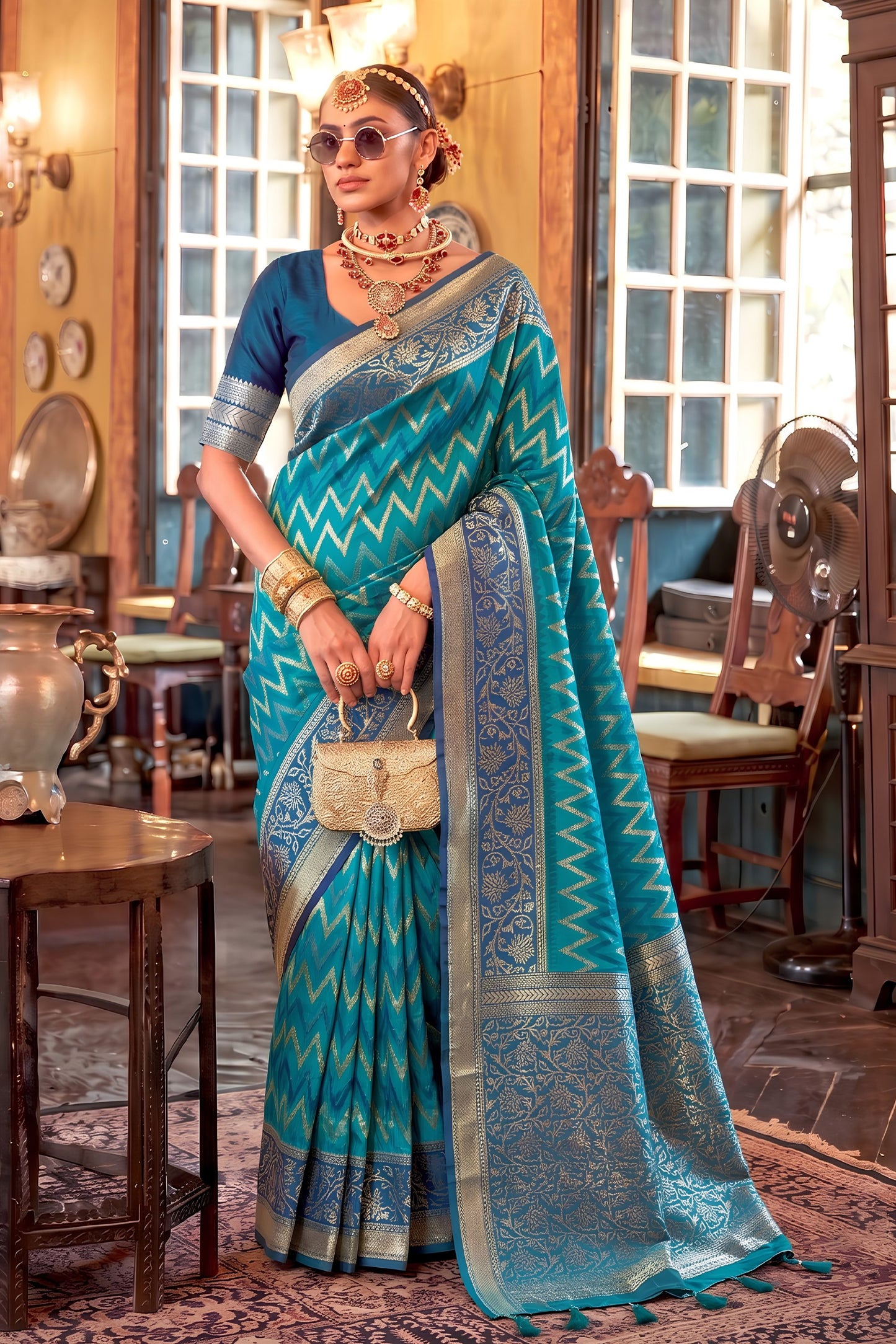 Stunning Teal Blue Silk Saree Zigzag Weaving for Women