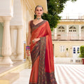 Premium Orange Tissue Satin Designer Saree with Multicolor Woven Border