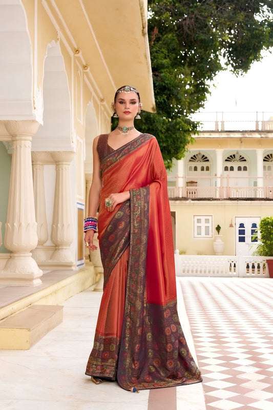 Premium Orange Tissue Satin Designer Saree with Multicolor Woven Border