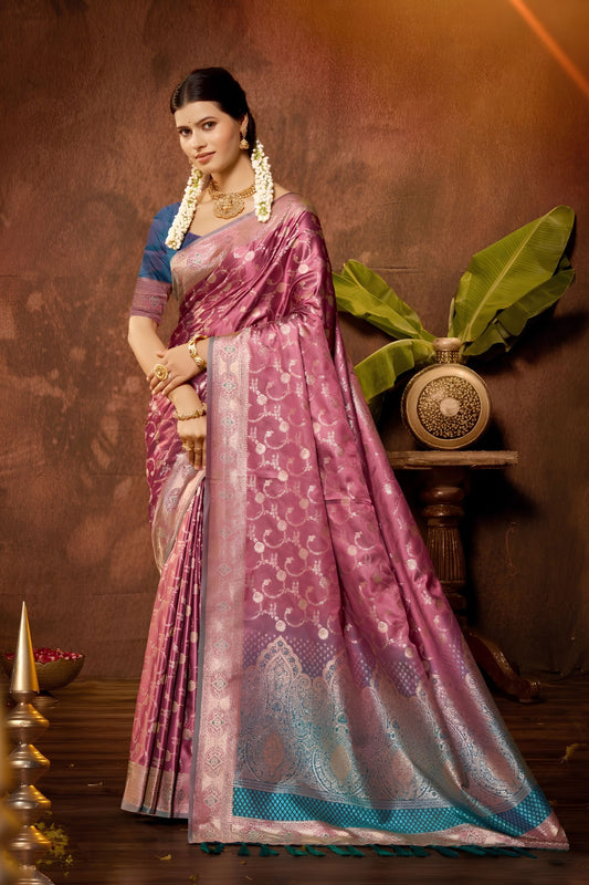 Elegant Mauve Satin Silk Woven Work Saree with Designer Border for Women