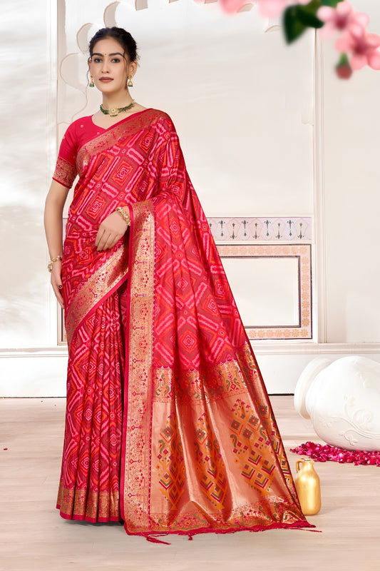 Vibrant Pink Silk Bandhani Saree with Zari Weaving Work for Women