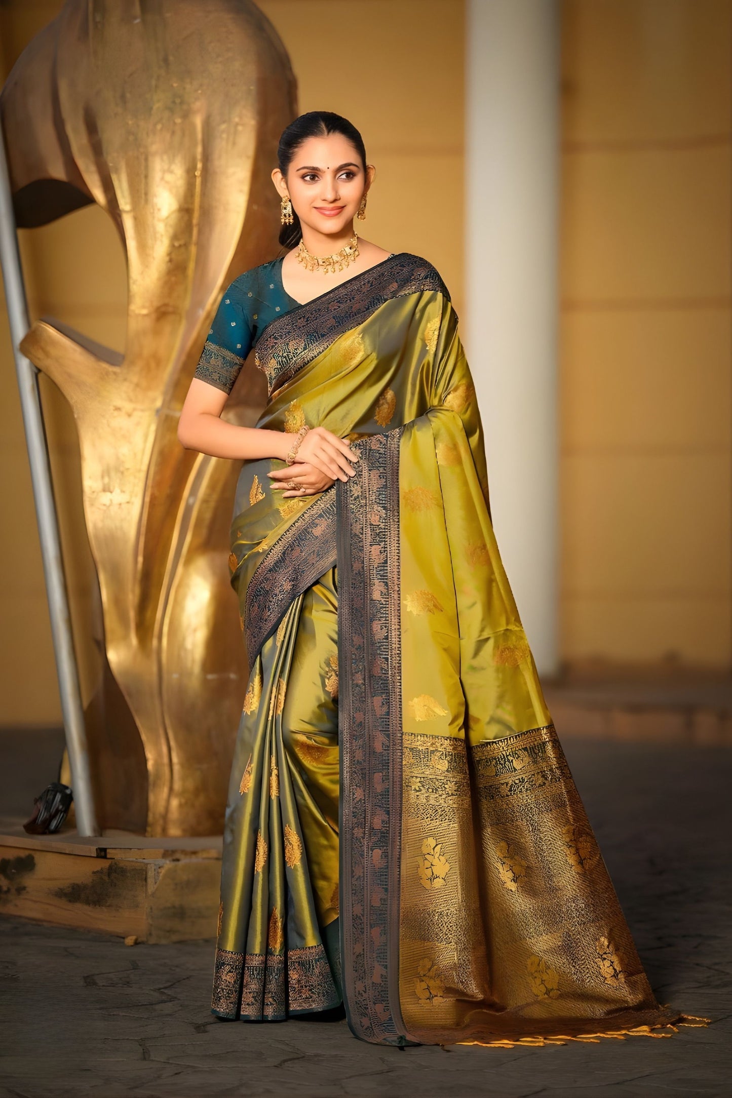 Royal Olive Green Soft Silk Banarasi Saree Rich Zari Weaving Work