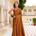 Stylish Rust Brown Tissue Satin Saree with Multicolor Woven Border 