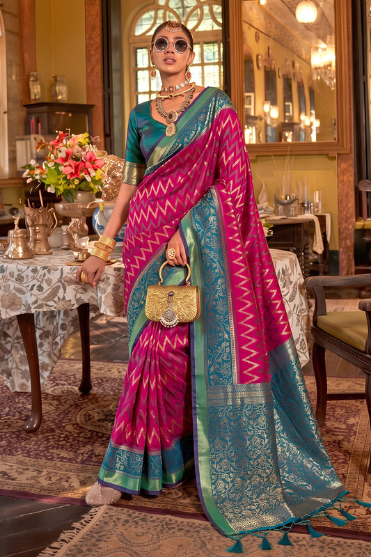 Beautiful Rani Pink Silk Saree Zigzag Weaving Border for Women