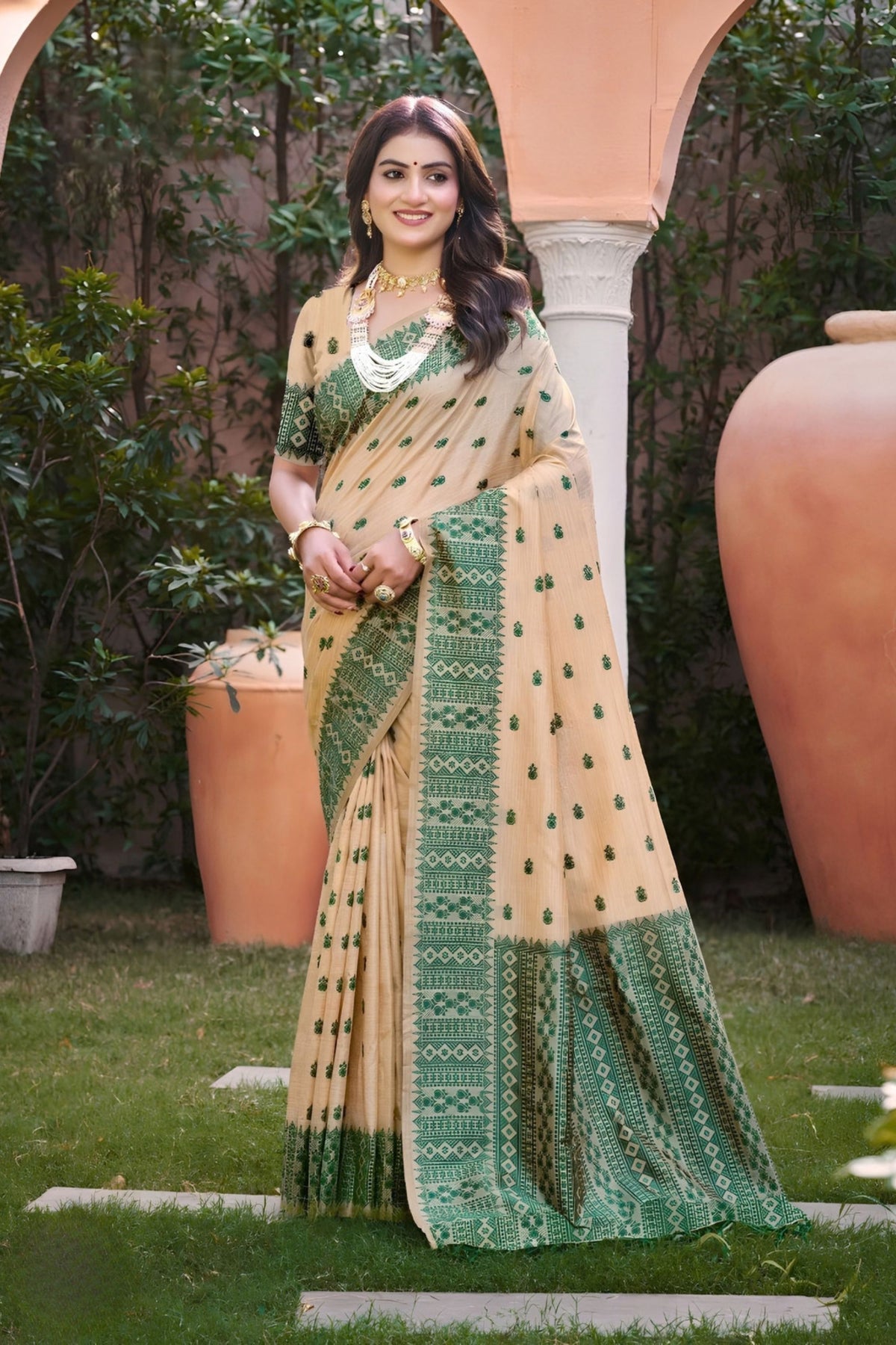 Stylish Beige Assam Silk Green Motif Print Work Saree for Women