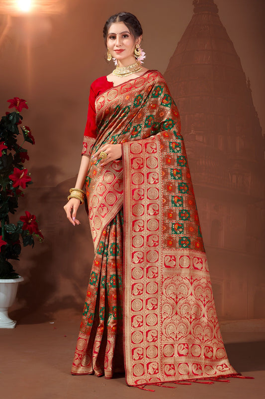 Graceful Bottle Green Patola Silk Weaving Work Designer Saree for Women