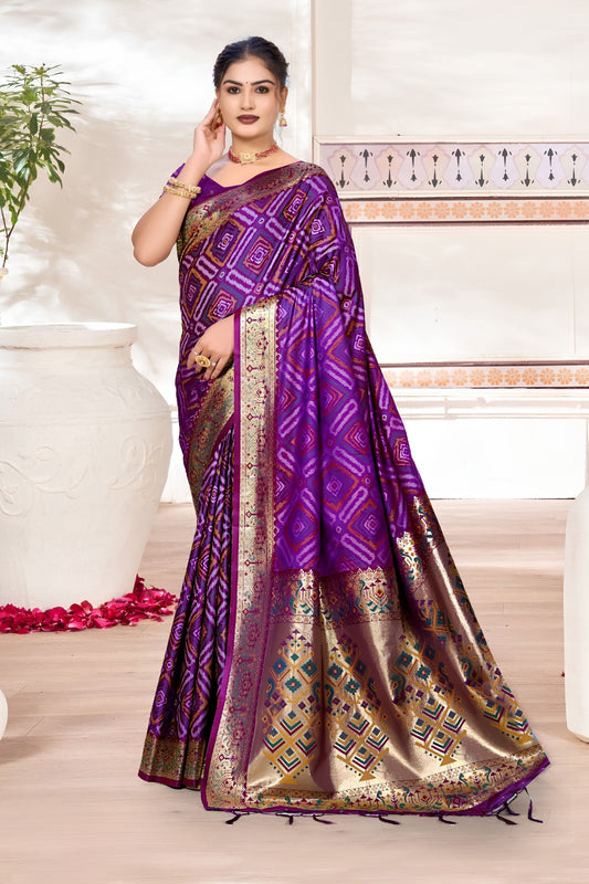 Royal Purple Silk Bandhani Saree with Zari Weaving Work for Women