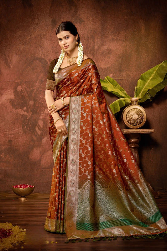Royal Rust Orange Satin Silk Woven Work Saree with Designer Border for Women