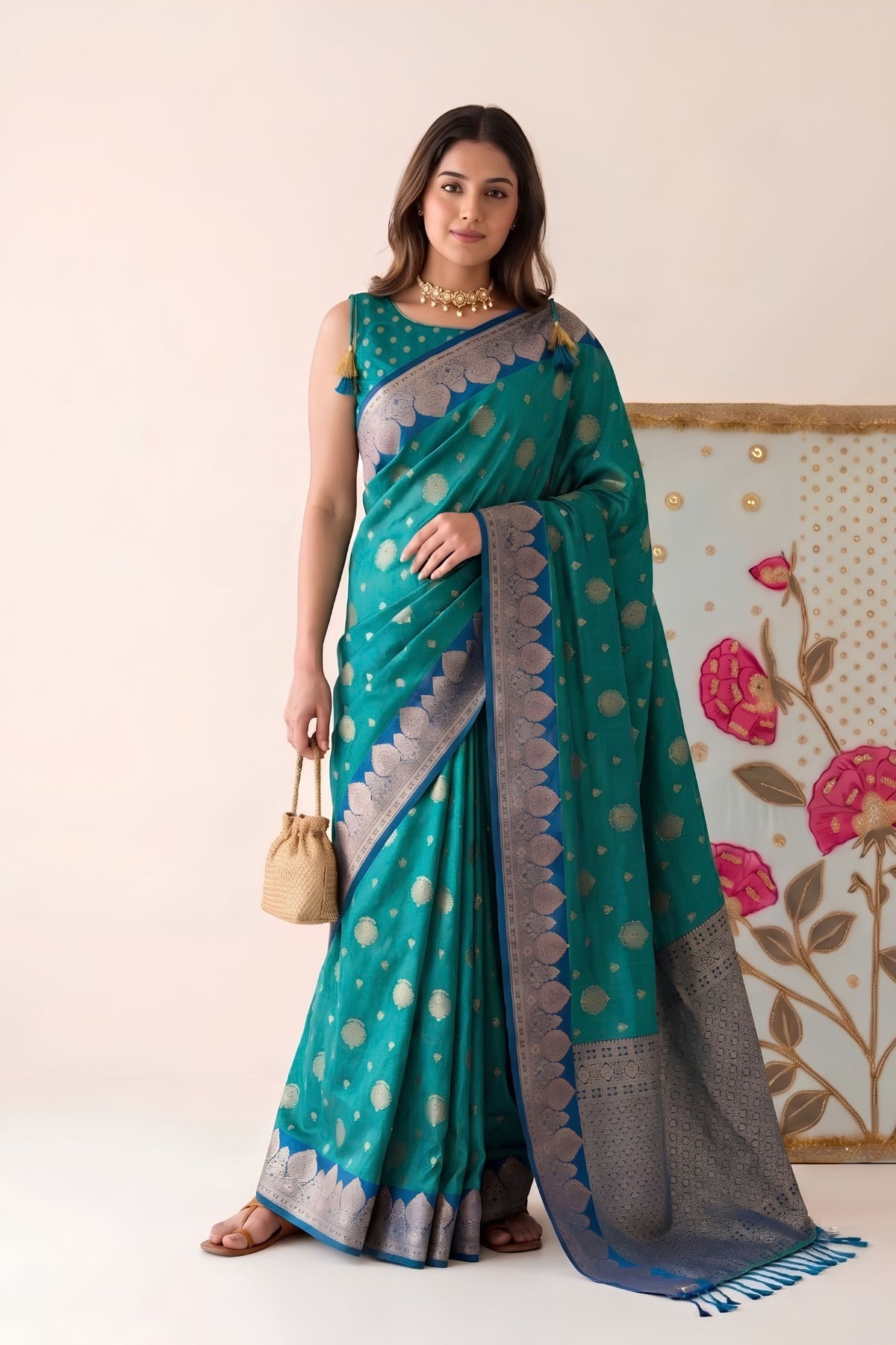 Stylish Teal Green Silk Saree with Zari Weaving Work for Women