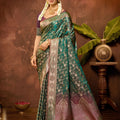 Stylish Teal Green Satin Silk Woven Work Saree with Designer Border for Women