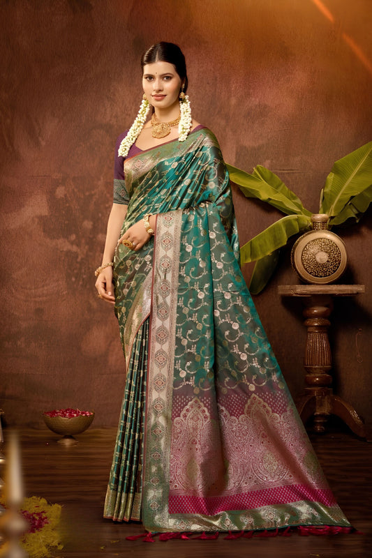 Stylish Teal Green Satin Silk Woven Work Saree with Designer Border for Women