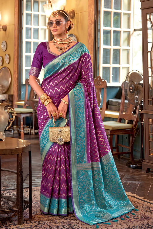 Royal Purple Silk Saree Zigzag Weaving Border for Women