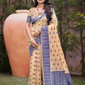 Premium Beige Assam Silk Blue Motif Print Work Saree for Women