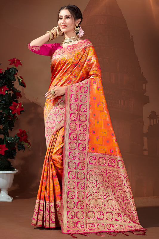 Vibrant Orange Patola Silk Weaving Work Designer Saree for Women