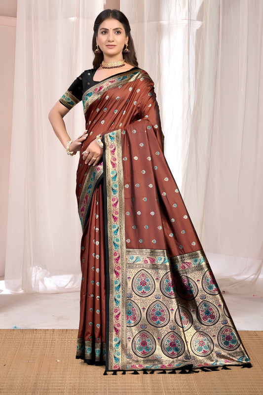 Captivating Rust Brown Soft Silk Saree Zari Weaving Work for Women