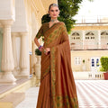 Vibrant Copper Brown Tissue Satin Saree with Multicolor Woven Border