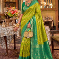 Vibrant Lime Green Silk Saree Zigzag Weaving Border for Women