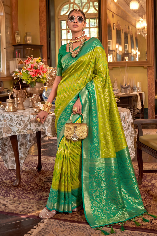 Vibrant Lime Green Silk Saree Zigzag Weaving Border for Women